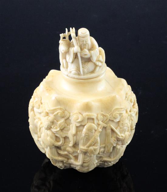 A rare Chinese ivory eight immortals snuff bottle and stopper, 1800-1900, 6.5cm, Richards collection